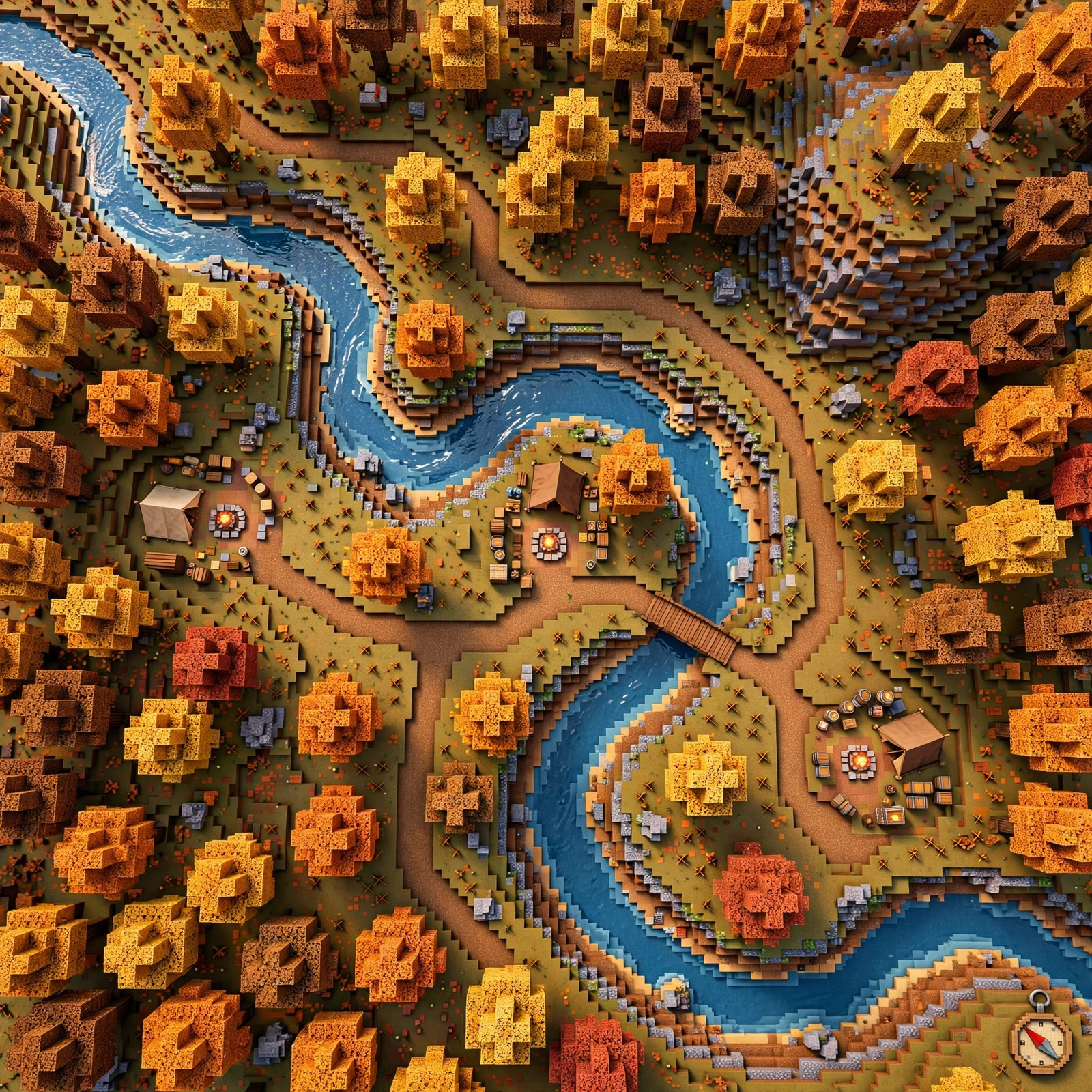 Minecraft 26.3 mods hub: top-down view of a mapped autumn forest with rivers and campsites