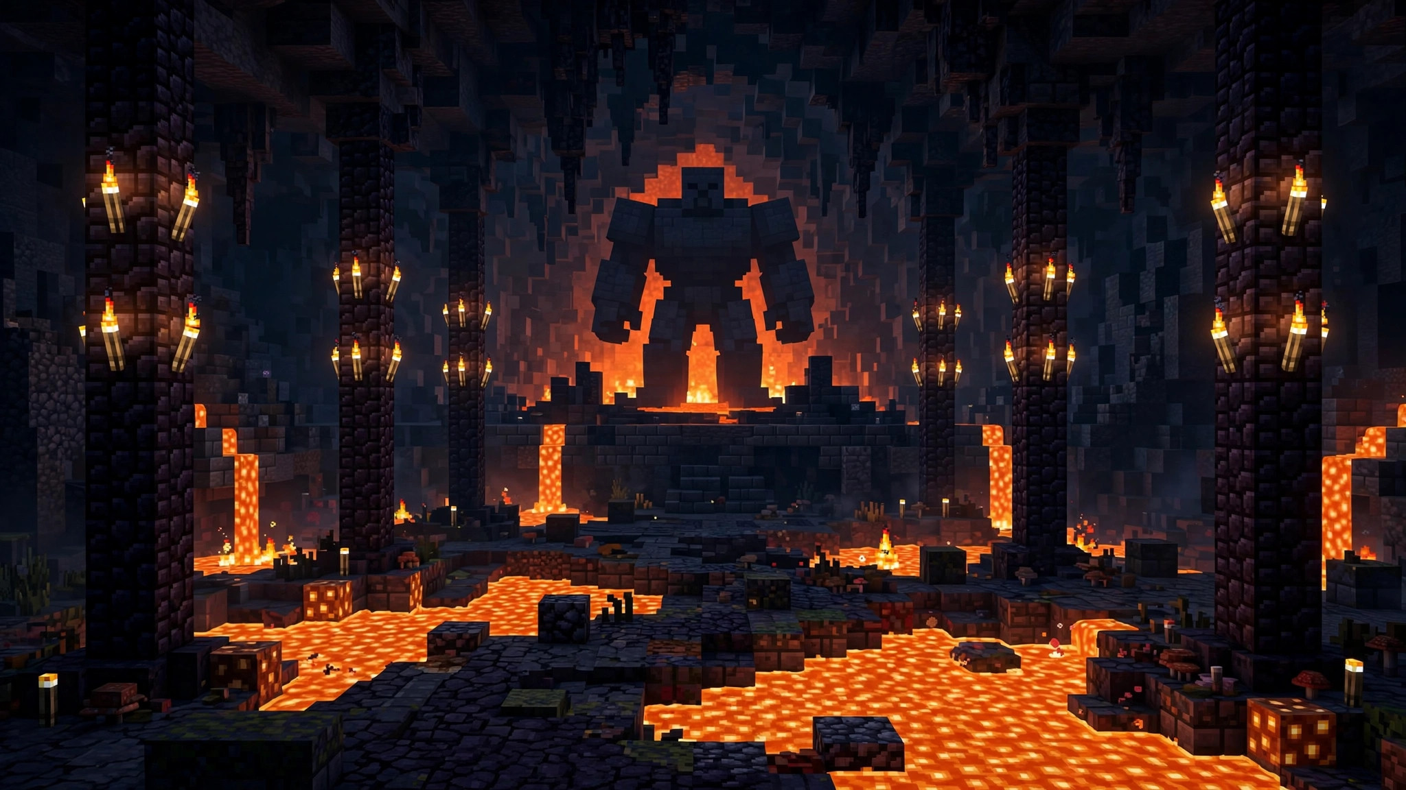 L_Ender's Cataclysm style boss fight in a lava boss arena, one of the best Minecraft adventure mods
