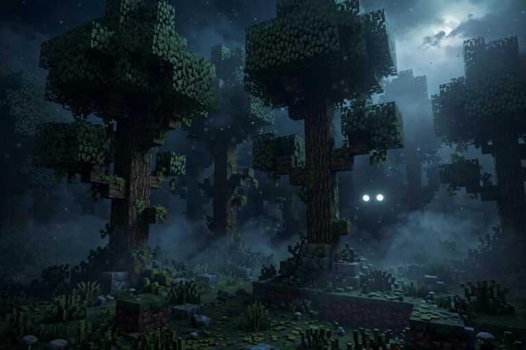Best Minecraft horror mods 2026 - dark voxel forest with glowing eyes