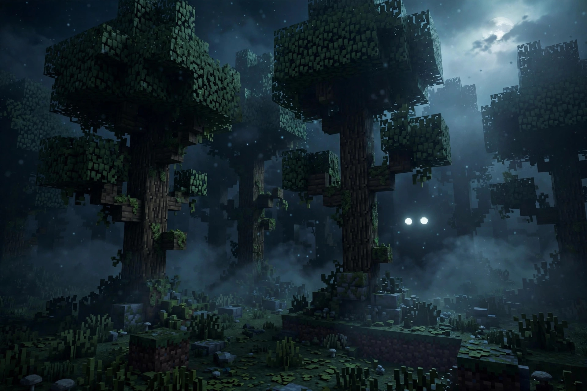 Best Minecraft horror mods 2026 - dark voxel forest with glowing eyes