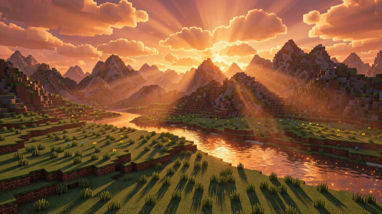 Blocky Minecraft valley at sunset with god rays, rendered with one of the best Minecraft shaders of 2026