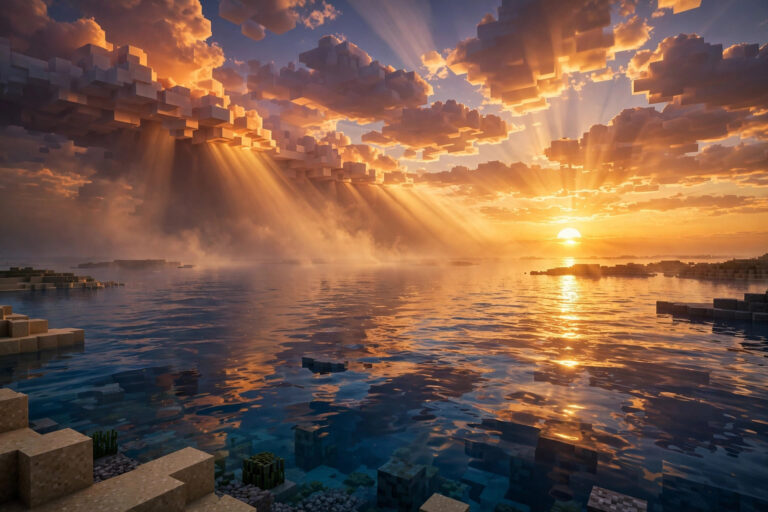 Best realistic shaders for Minecraft: a voxel ocean sunset with realistic water reflections