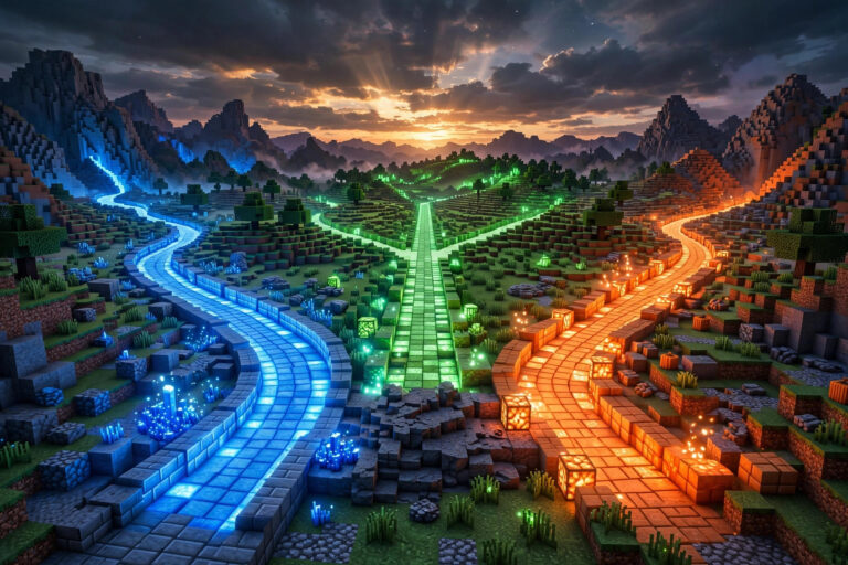Forge vs Fabric vs NeoForge mod loaders - three glowing voxel pathways