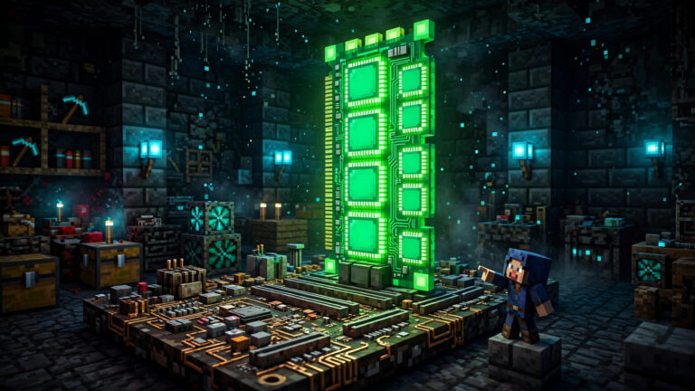 Voxel-art RAM memory module scene for a guide on allocating more RAM to Minecraft