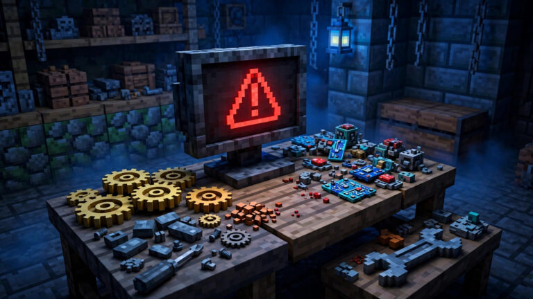 Voxel-art workstation scene for a guide on how to fix Minecraft mod crashes in 2026
