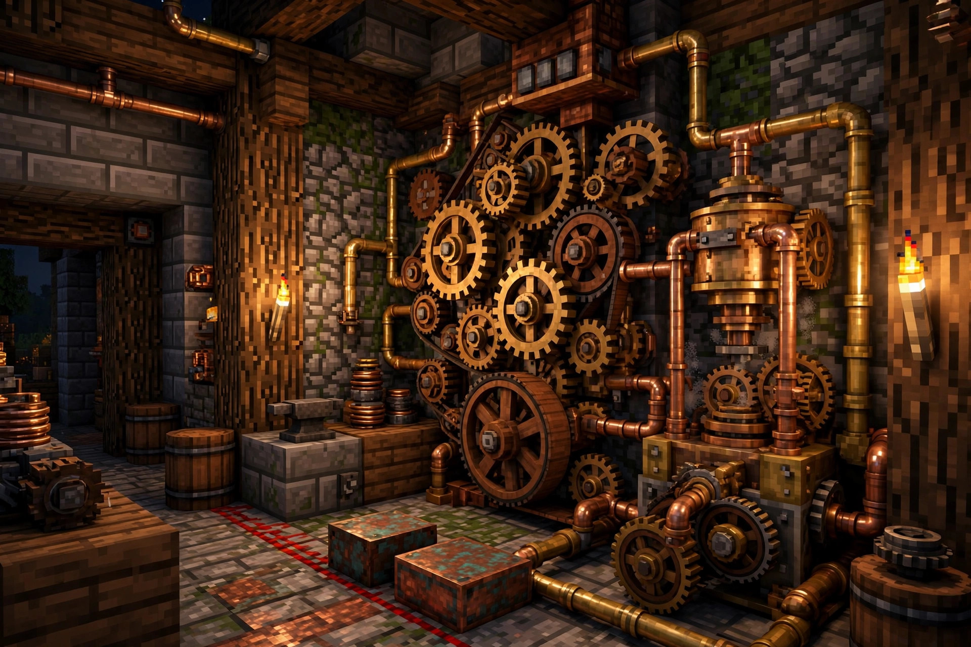 How to install the CurseForge app: a voxel Minecraft base with a large modded machine contraption and warm torch light