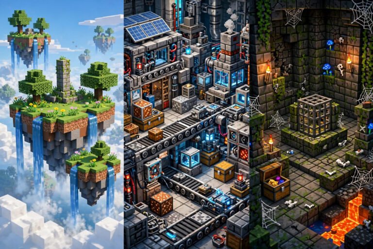 How to install the CurseForge app: a voxel Minecraft scene with modded worlds side by side