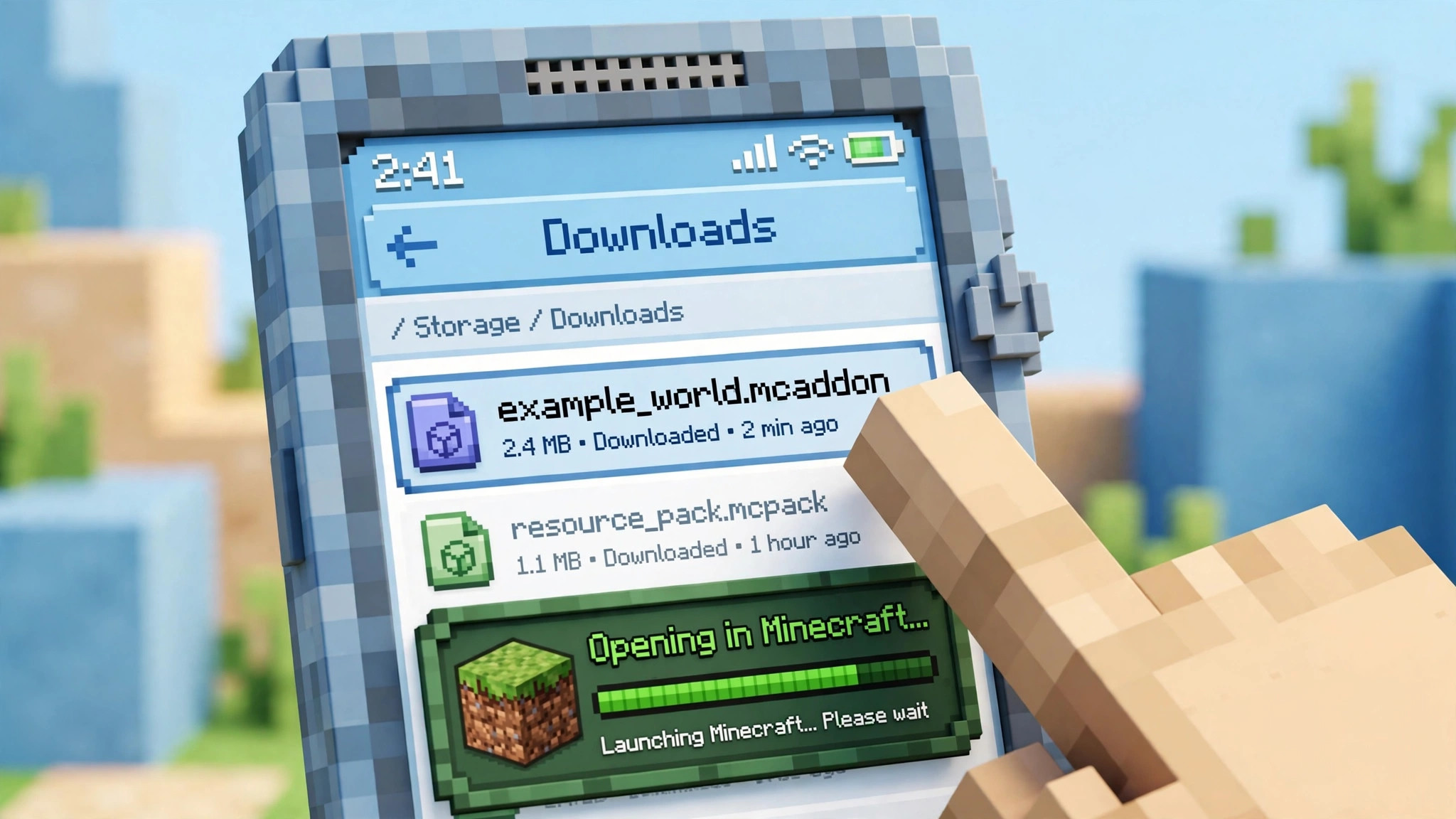 Tapping a downloaded .mcaddon file on an Android phone to import it into Minecraft — how to install Minecraft mods on Android