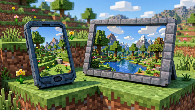 Blocky phone and tablet showing how to install Minecraft mods on Android and iOS in Bedrock Edition