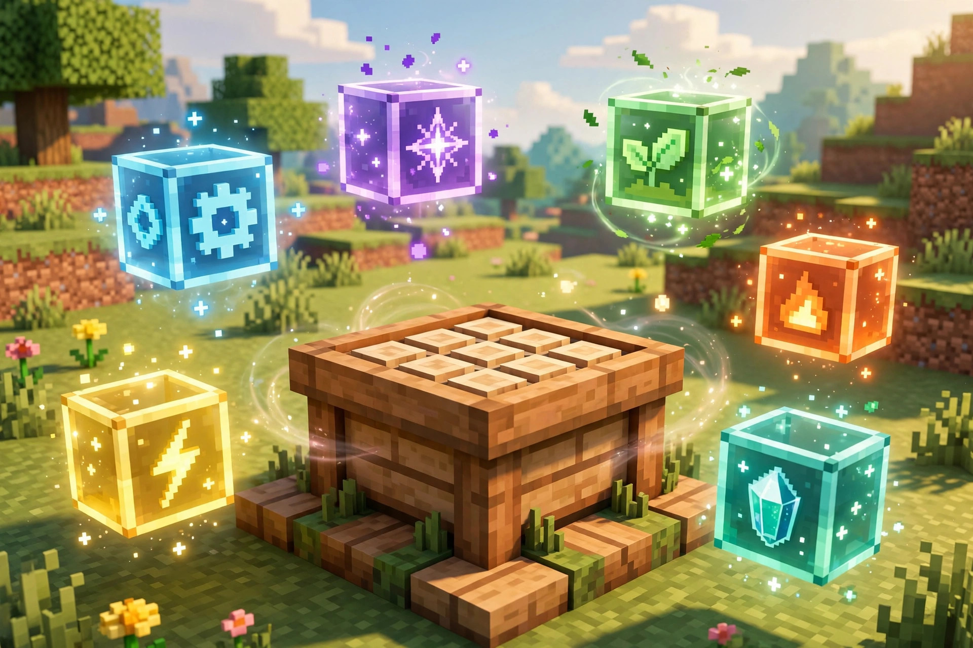 Installing Minecraft mods on Java Edition - blocky workbench with floating mod cubes