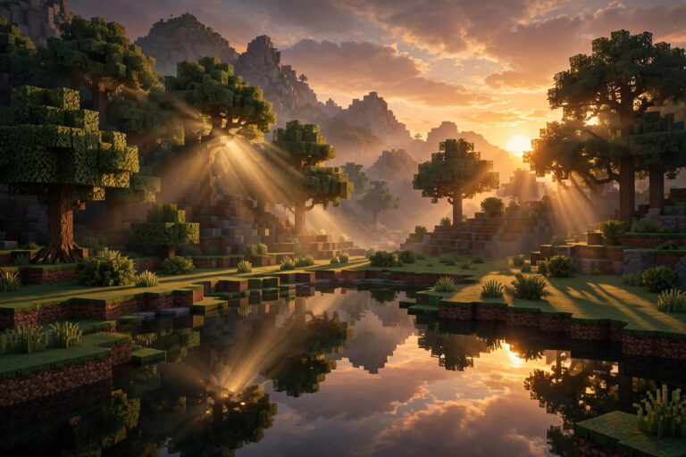 How to install shaders in Minecraft: a voxel landscape at sunset with god rays and reflective water