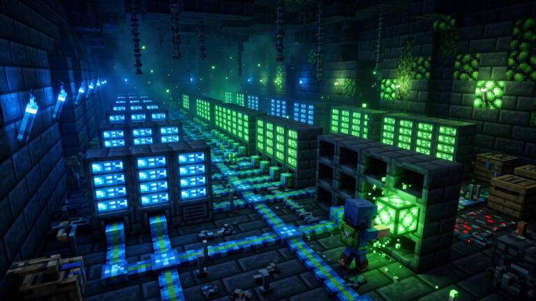 Voxel-art scene of a blocky server room for a modded Minecraft server setup guide