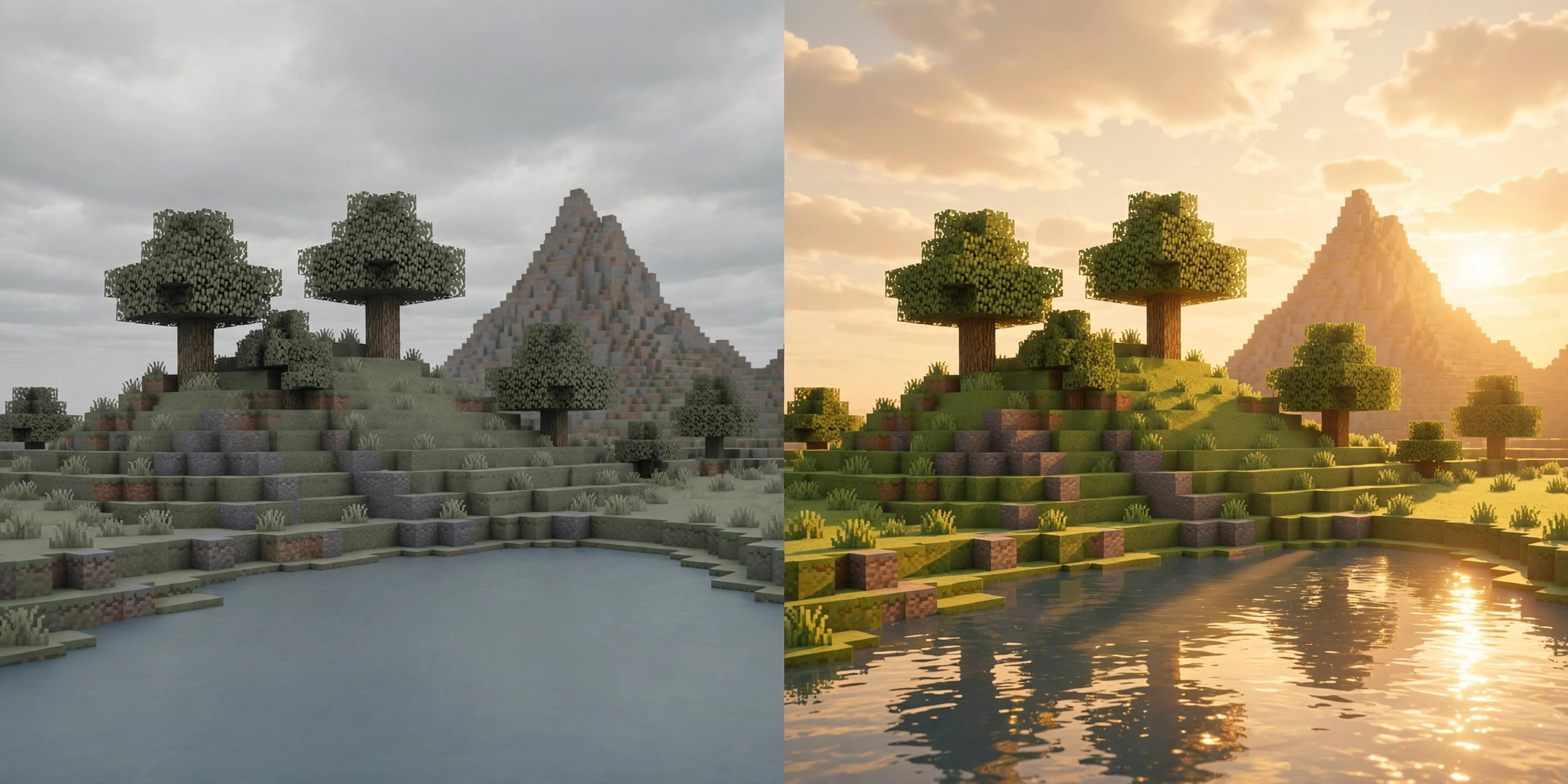 Iris Shaders mod download comparison of Minecraft with and without shader packs