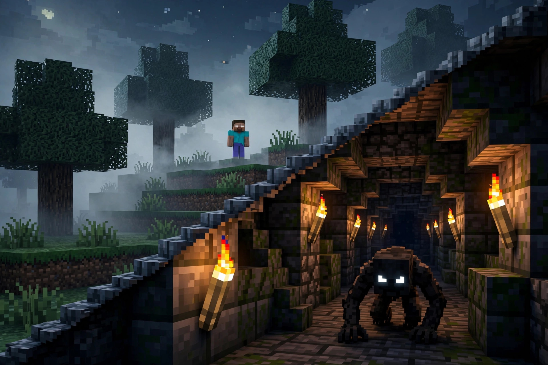 Verity vs From the Fog comparison of scare styles: Herobrine on the surface versus the cave dweller underground