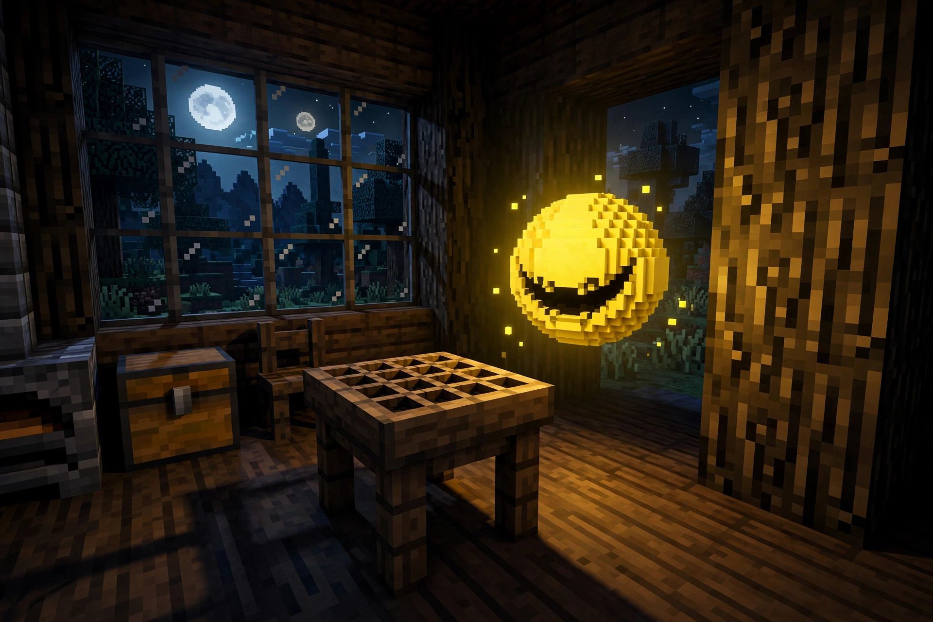 Verity vs From the Fog: Verity's glowing yellow AI entity inside a dark Minecraft house